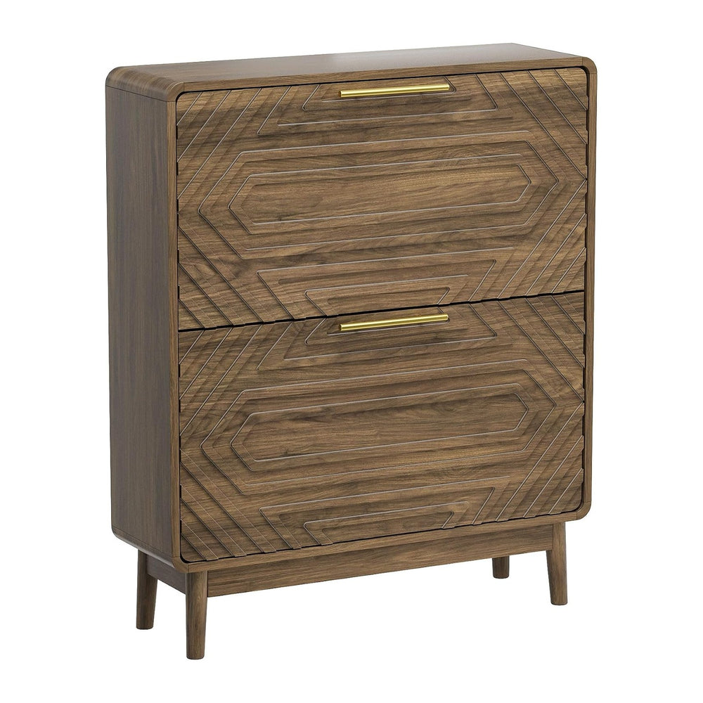 31.5" Walnut Slim Entryway Shoe Cabinet Freestanding Mid-Century Shoe St...