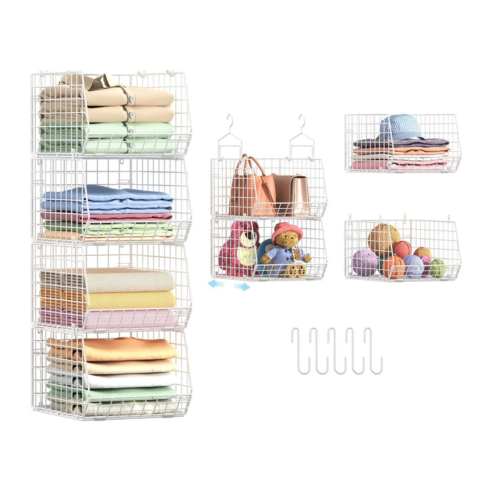 4" Extra Deeper Foldable Hanging Closet Organizer, Small Wire Cabinet Shelves and Storage with 5 S Hooks,4 Tier Metal Basket Bins for Clothes Sweaters Handbags, Wardrobe for Kitchen Laundry Room，White