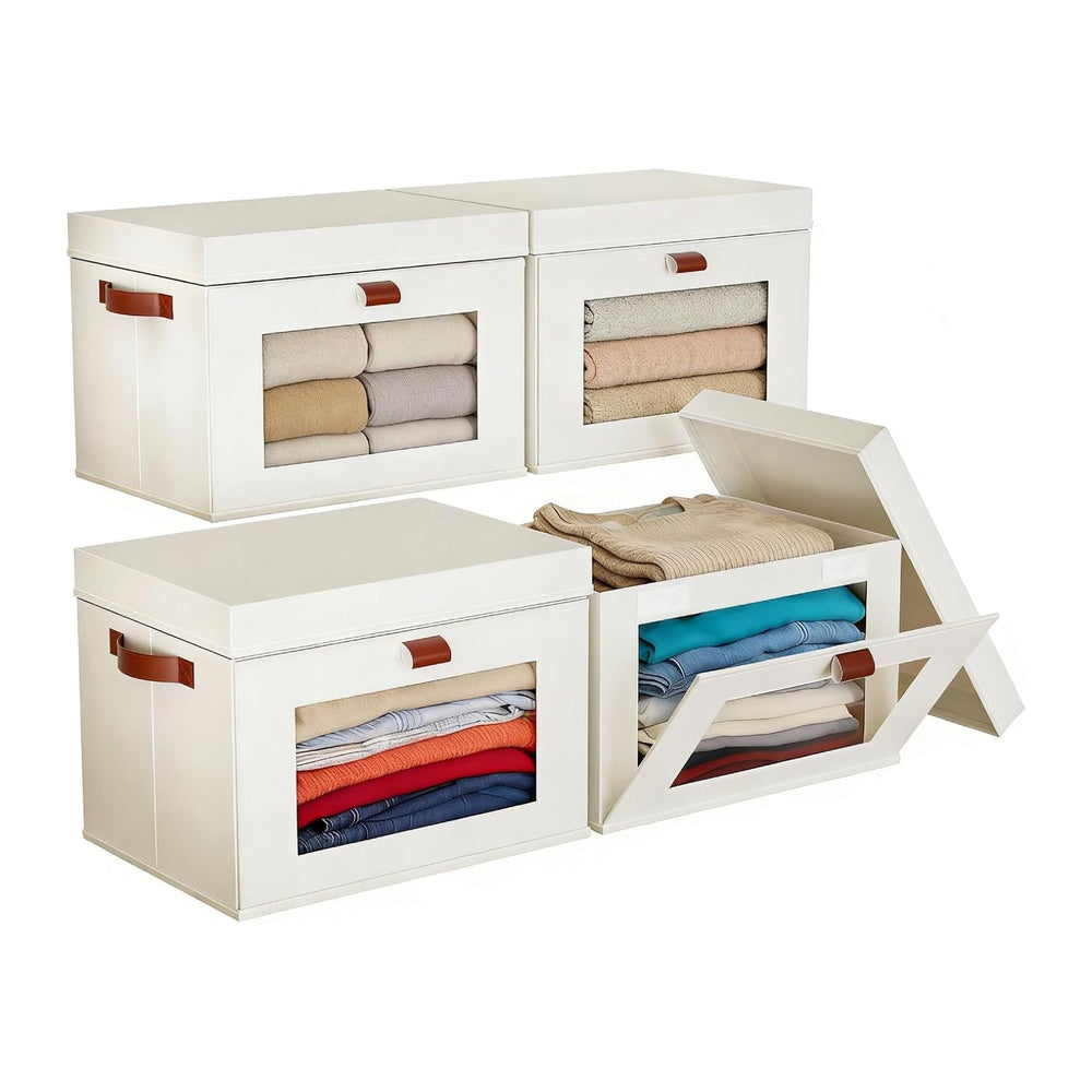 4-Pack Collapsible Stackable Storage Bins with Lids, Beige