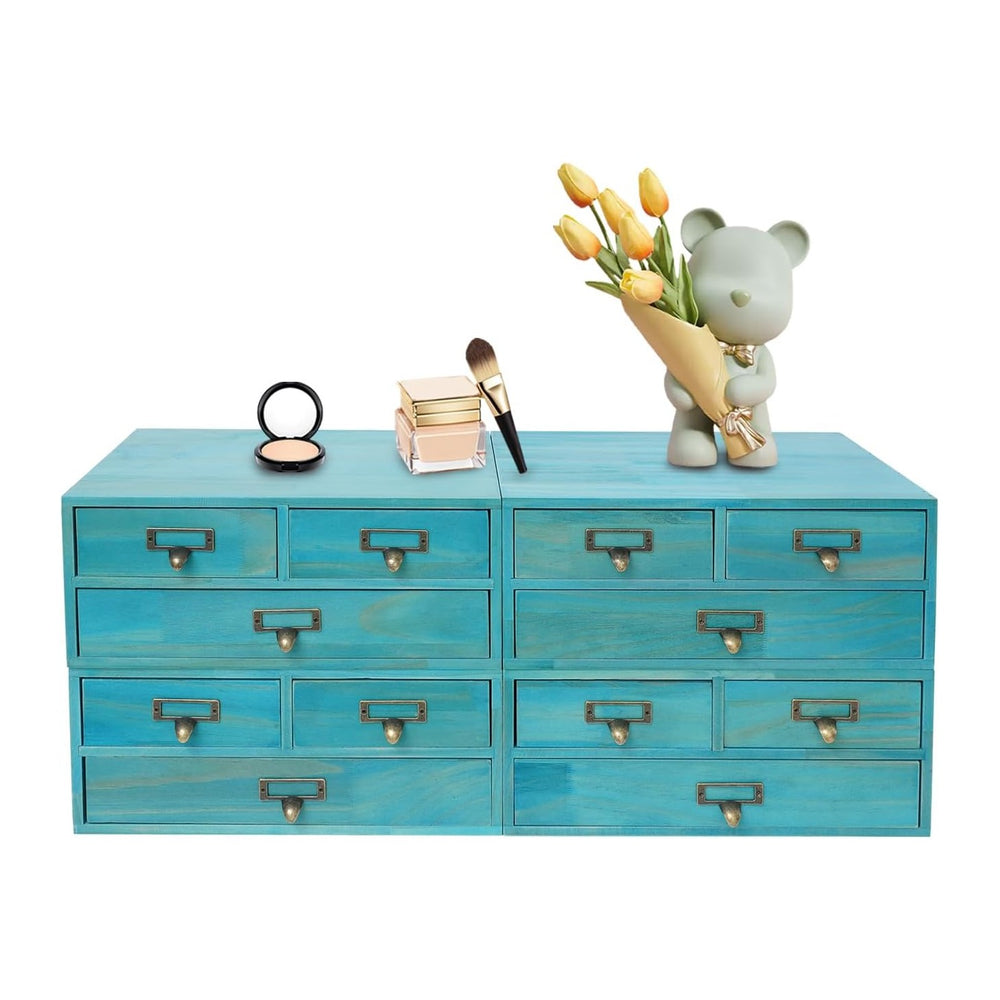 4 Pcs Vintage Desktop Organizer Set, Wooden 12 Drawer Storage Cabinets with M...