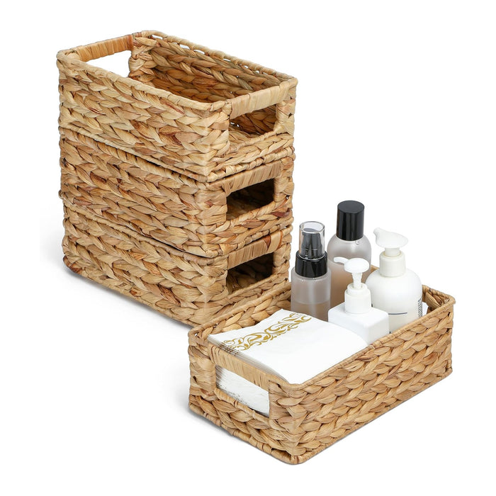 4 Small 3.6 QT Water Hyacinth Wicker Baskets for Shelves, 10" Long Woven Pantry Organizers and Storage Basket, Decorative Ratten Shallow Rectangle Baskets for Organizing Countertop Bathroom