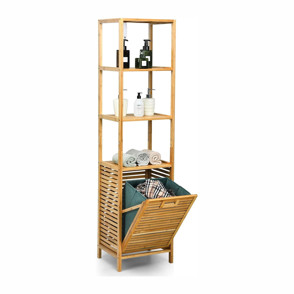 4 Tier Bamboo Shelves with Tilt Out Laundry Hamper, Freestanding Storage Shel...