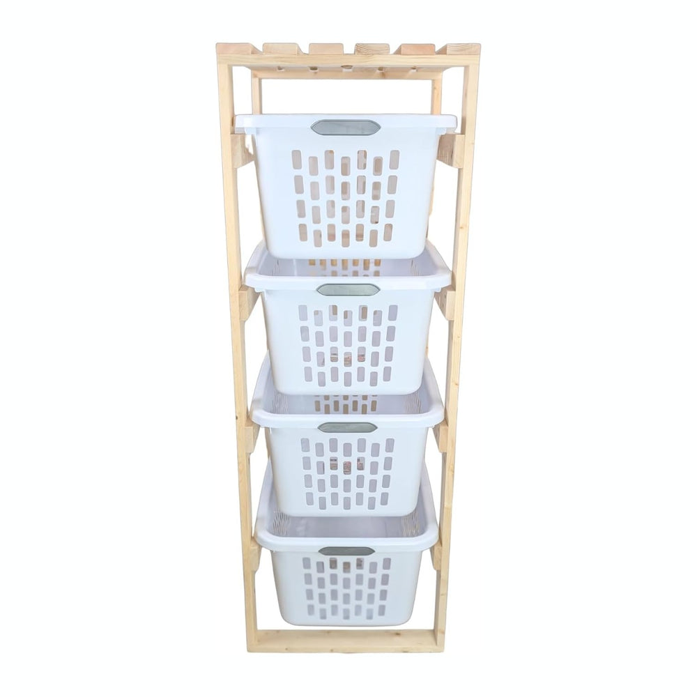4 Tier Narrow Solid Wood Laundry Basket Storage Organizer