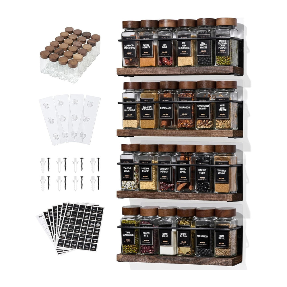 4-Tier Wall Mount Spice Rack Organizer with 24 Glass Jars, 216 Labels & F...
