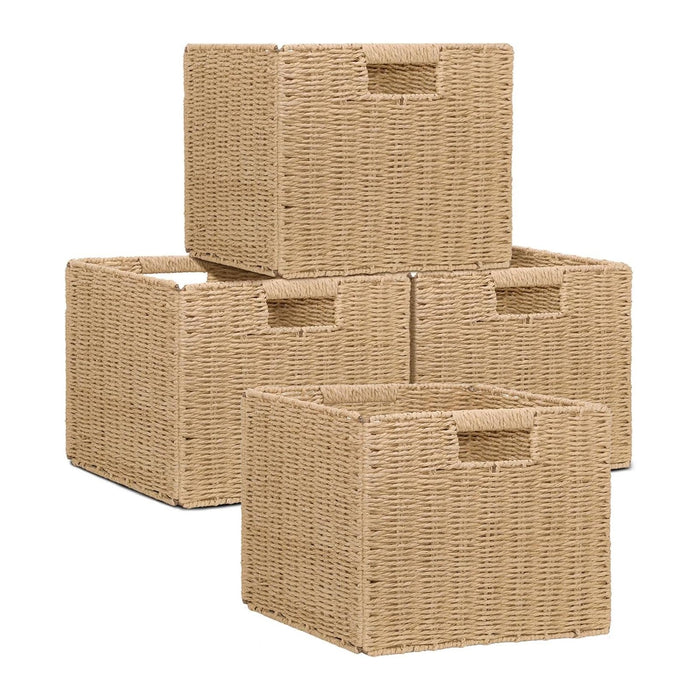 4Pcs Cube Storage Bin,Collapsible Storage Basket, Shelf Organizer with Insert Handle, 12 * 12 * 12 Inch Hand Woven Seagrass Basket, Suitable for Bedroom Storage and Other Scenarios