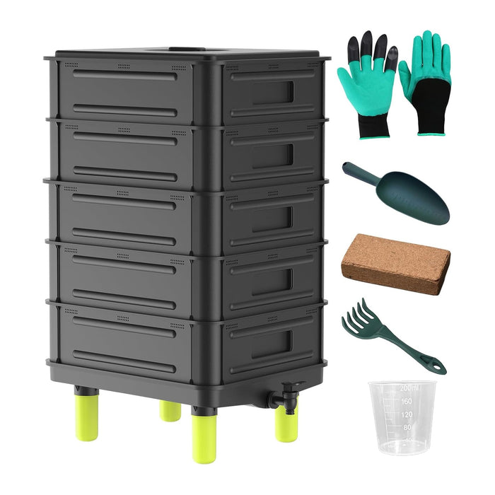 5-Layer Worm Compost Bin, 85L Worm Farm for Outdoor Composting