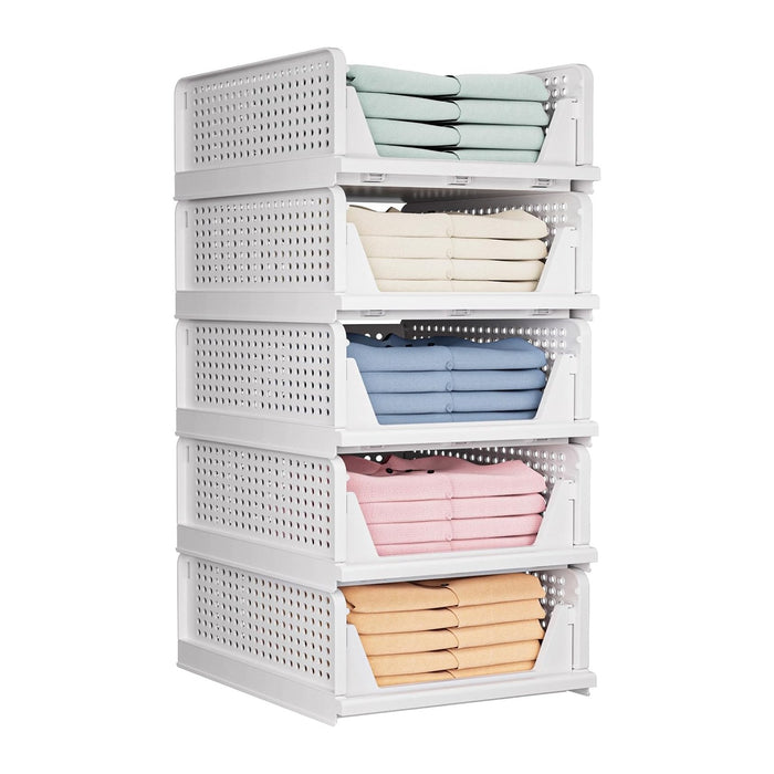 5 Pack Folding Closet Organizers Storage Box, Stackable Storage Bins, Plastic Drawer Basket Closet Storage for Wardrobe Cupboard Kitchen Bathroom Office White-5L