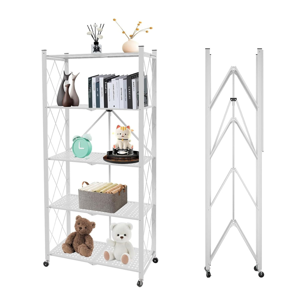 5-Tier Folding Shelf with Wheels No Assembly Portable Shelves