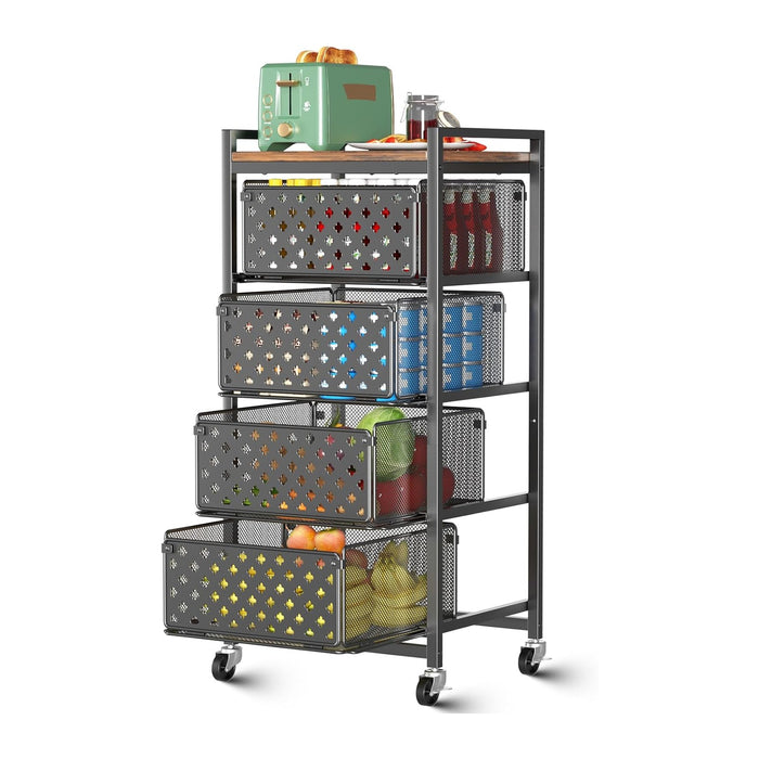 5 Tier Kitchen Storage Cart with Wheels, Utility Fruit Vegetable Storage Rack Stand with Pull-Out Baskets & Wood Top, Metal 4-Drawers Rolling Snack Cart, Kitchen Cart for Potato Onion(Black)
