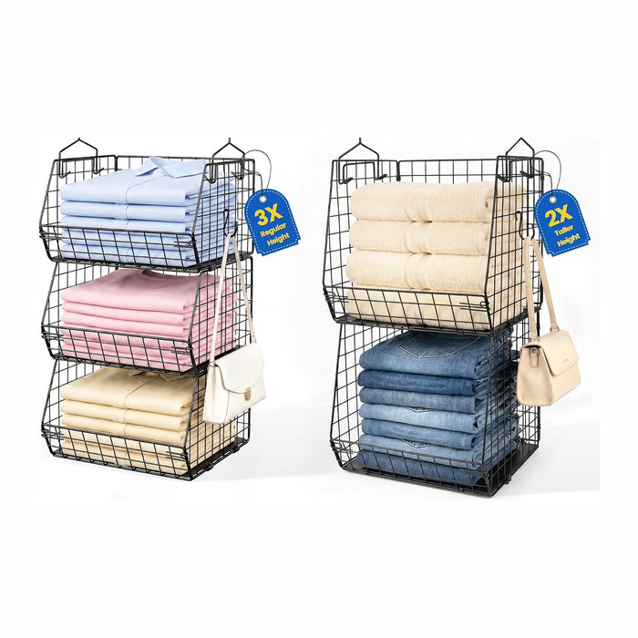 5 Tier Metal Hanging Closet Organizer with 2 Extra Tall Storage Baskets & 3 Standard Wire Baskets, Heavy Duty Foldable Closet Organizer with Snag‑Free Liners for Clothes, Jeans, Handbags, Hats