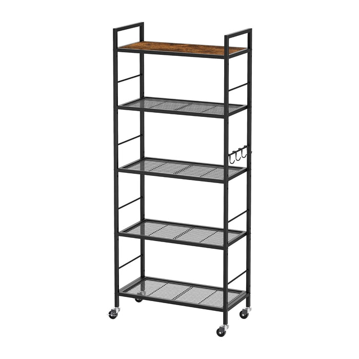 5-Tier Metal Storage Rack with Industrial Wheels,Mesh Shelving Unit with Wooden Table top,Adjustable Shelf,23.6-Inch Width,for Kitchen, Laundry,Pantry,Plant,Black