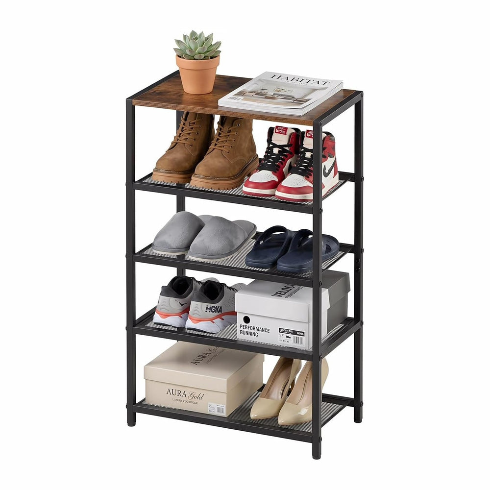 5 Tier Narrow Shoe Rack with Wood Top, Metal Shoe Organizer