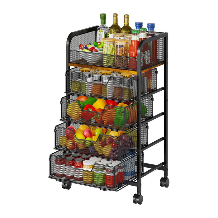 5-Tier Rolling Kitchen Cart with Drawers - Kitchen Storage Cart on Wheels,Pantry Snack Cart,Fruit and Vegetable Storage Cart with Wood Top,Rolling Utility Cart for Potato and Onion Storage