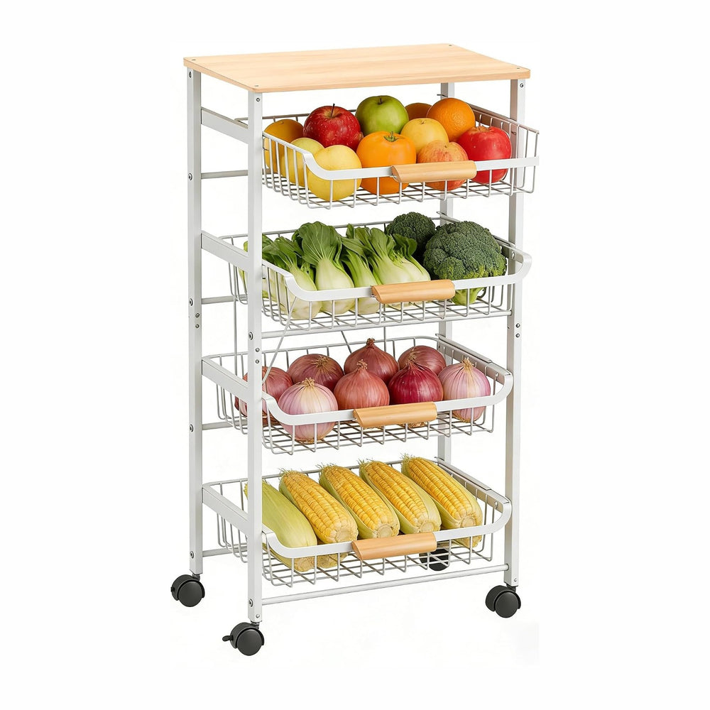 5-Tier Rolling Pantry Floor Storage Cart with Wheels&Wood Top, Large Capa...