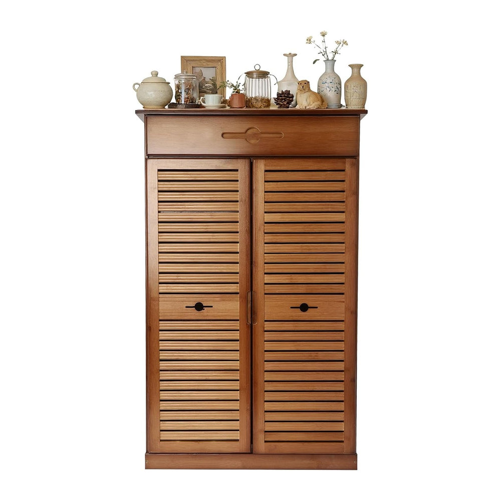 5 Tier Shoe Cabinet with Drawer, Bamboo Shoe Cabinet Organizer with Door, Ret...