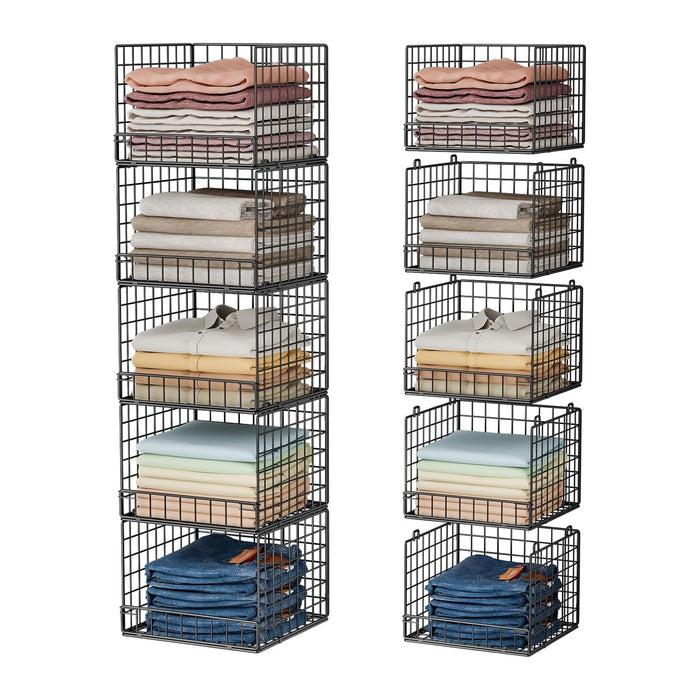 5-Tier Stackable Closet Organizers and Storage Baskets, Closet Shelf Organizer for Small Space, Space-Saving closet organizer system, Foldable Clothes Storage Bins for Closet Organizer System, Black