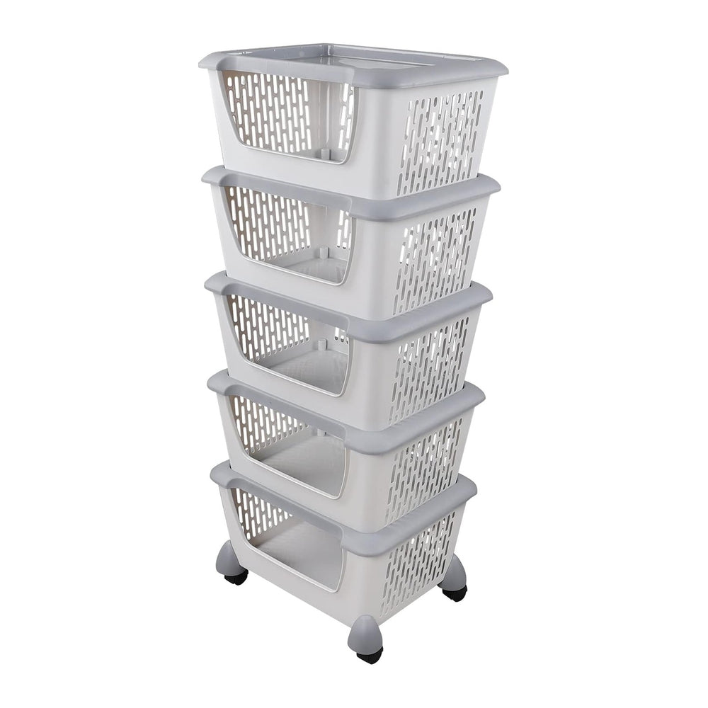 5-Tier Stacking Storage Basket Tower with Wheels, Plastic Open Stacking Baske...