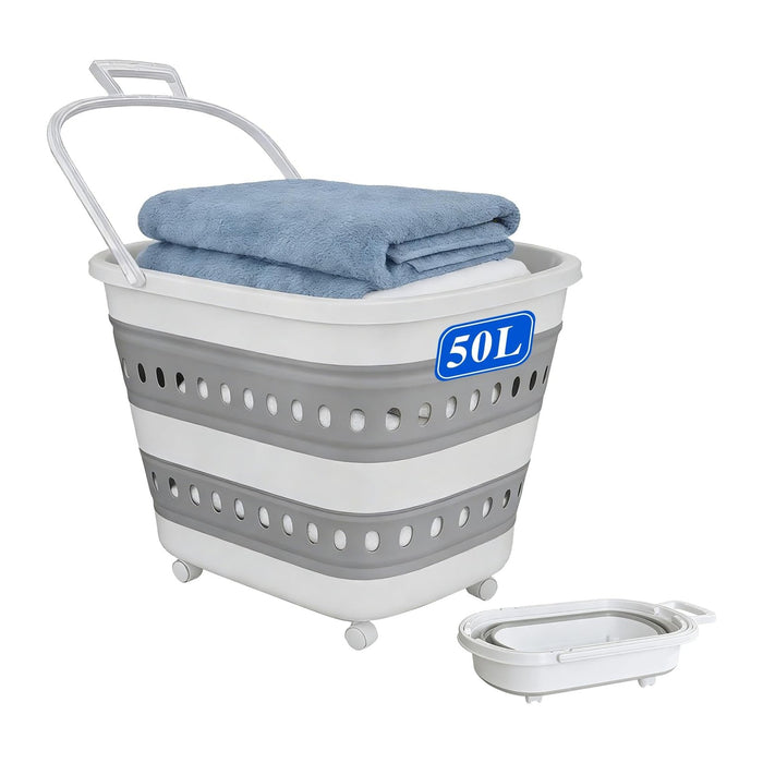 50L Collapsible Plastic Laundry Basket Hamper with Wheels, Foldable Laundry Basket with Handles, Pop Up Storage Container Organizer for Washing Storage