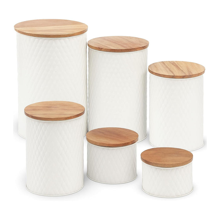 6 Canister Set for the Kitchen Countertop – Metal Food Storage Canisters with Airtight Lids for Flour, Tea, Crafts, Coffee, & Sugar – Container Set with Modern Wood Lids, White