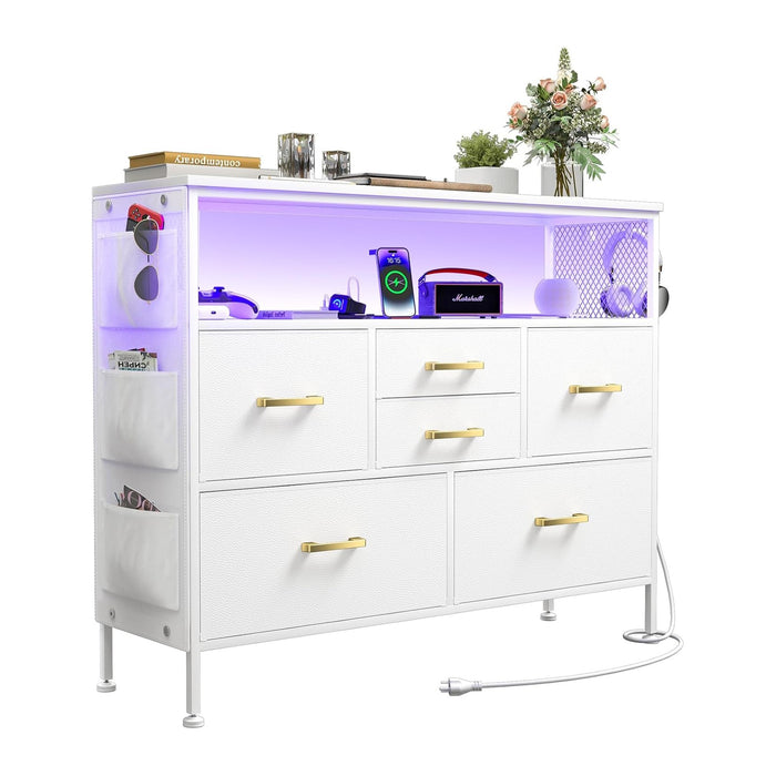 6 Drawer Chest with LED and Power, 45" TV Stand for Bedroom