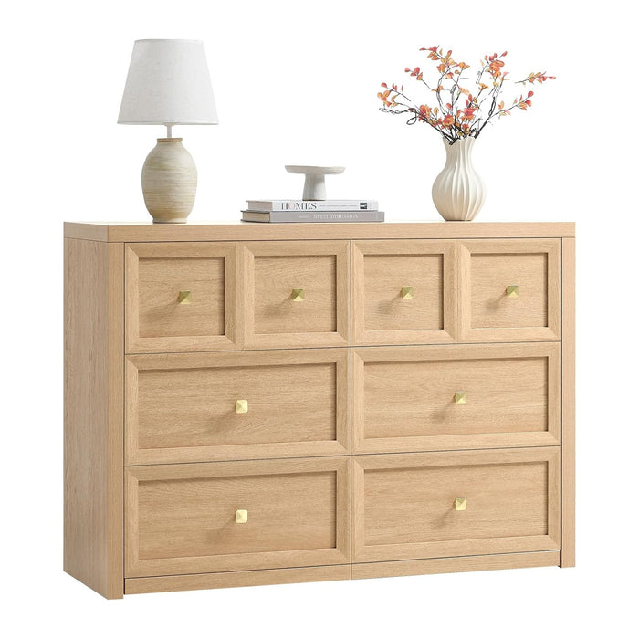6 Drawers Dresser for Bedroom-46.5" Wide Wooden Chest of Drawers with Large Storage, Farmhouse Closet Dressers with Drawers, Long Dresser TV Stand for Living Room Bedroom, Natural Oak
