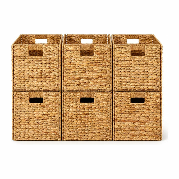 6 Hand-Woven Wicker Storage Baskets 13x11x11in, Water Hyacinth Shelf Bins