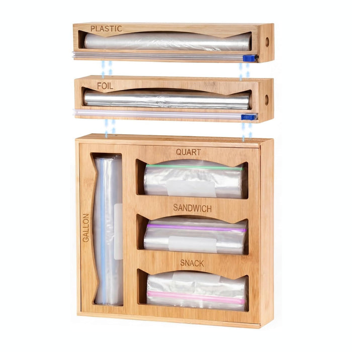 6-in-1 Bamboo Kitchen Drawer Organizer for Storage Bag, Foil & Plastic Wrap
