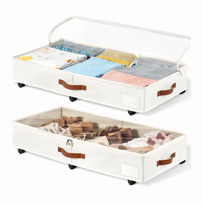 6 Inches Under Bed Storage with Wheels Pack of 2, Underbed Shoe Storage Container Bin with Clear Lid Cover, Rolling Under Bed Drawer Storage Bag Basket for Shoe Organizer Sheet Sweater - White