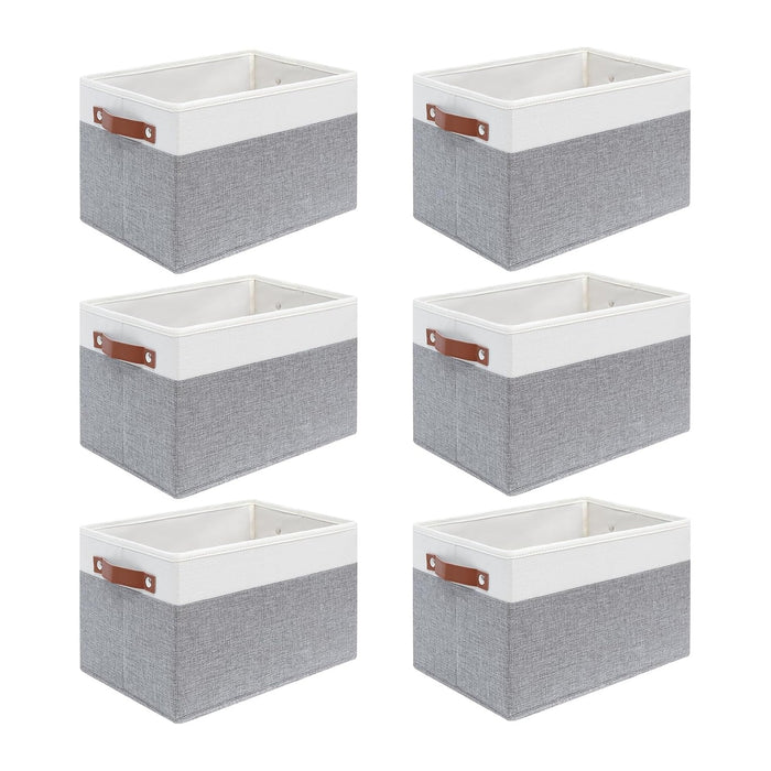 6 Pack Fabric Storage Baskets with Handles (White with Grey,15" L*10.2" W*9" H)