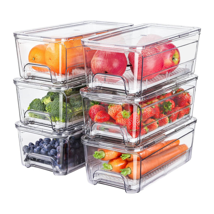 6-Pack Fridge Drawer Organizer, Pull-out Stackable Refrigerator Organizers and Storage, Clear Fruit Storage Containers Bins with Drain Tray for Kitchen Cabinet, Pantry Organization