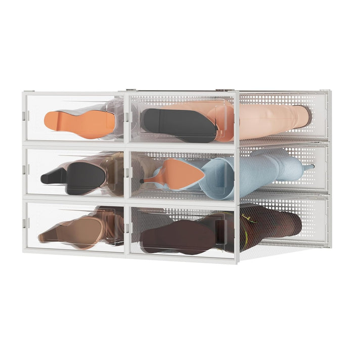 6 Pack Stackable Shoe Storage Boxes, Plastic Shoe Organizer Drawers Bins for Closet, Ventilated Shoe Containers with Lids for Sneakers, Heels and Boots, Clear