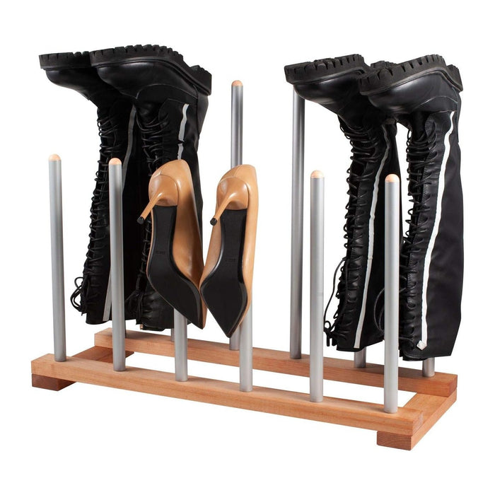 6 Pairs Birch Wood Boot Rack Free Standing Organizer, Easy to Assemble, Wooden & Aluminum Shoes Storage Holder for Tall Knee-High, Hiking, Riding, Rain in Closets & Entryways