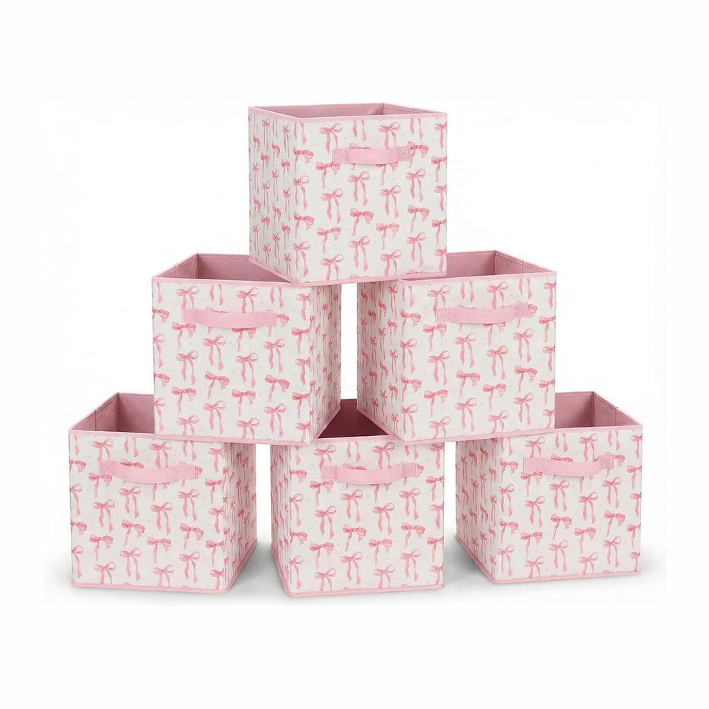 6 Pcs Pink Bow Cube Storage Bins 12.5 Inch Pink Storage Basket with Handle, P...