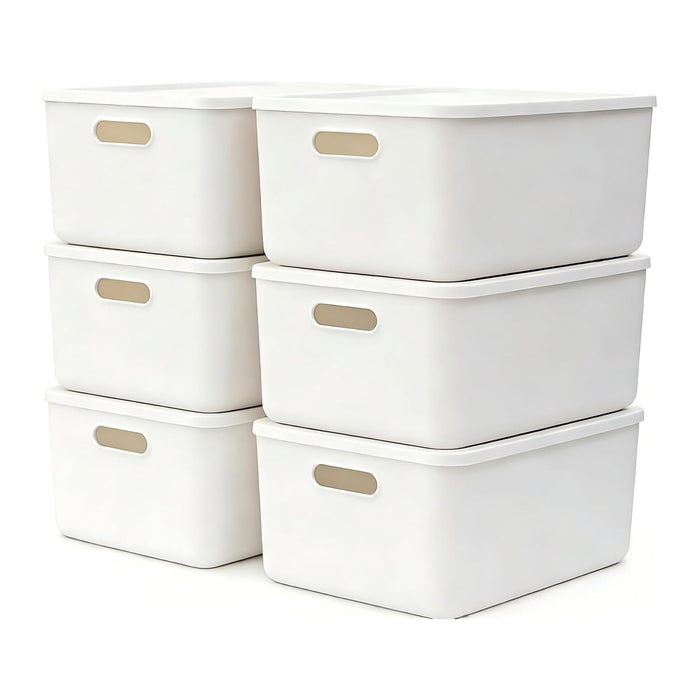 6 Piece Plastic Storage Baskets Boxes with Lids, 11.8x8x4.7 Inch Stackable Organizing Bins with Handles, Versatile Containers for Pantry,Bathroom,Closet Shelves Desktop (Light grey, 6M)