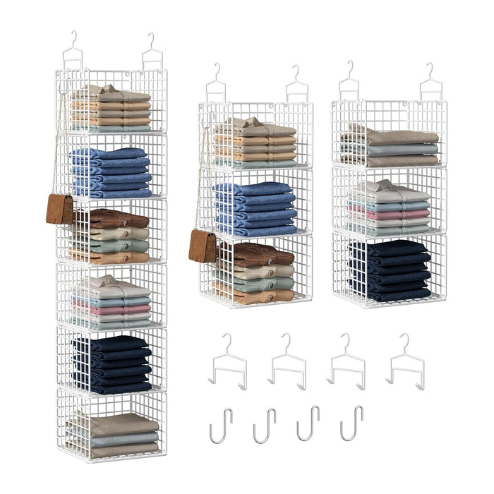 6 Tier Closet Hanging Organizer, Metal Closet Organizers and Storage with 4 Hanging Hooks 4 S-Hooks for Wardrobe Laundry Room, Wire Storage Shelf for Clothes Sweaters Pants (White)