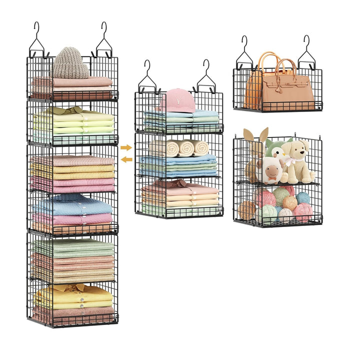 6 Tier Hanging Closet Organizers and Storage Stackable Hanging Closet Shelves with 4 Hooks 2 Adjustable Dividers, Wire Storage Basket Bins for Clothing Purse Sweaters Shoes Socks Dolls, Foldable