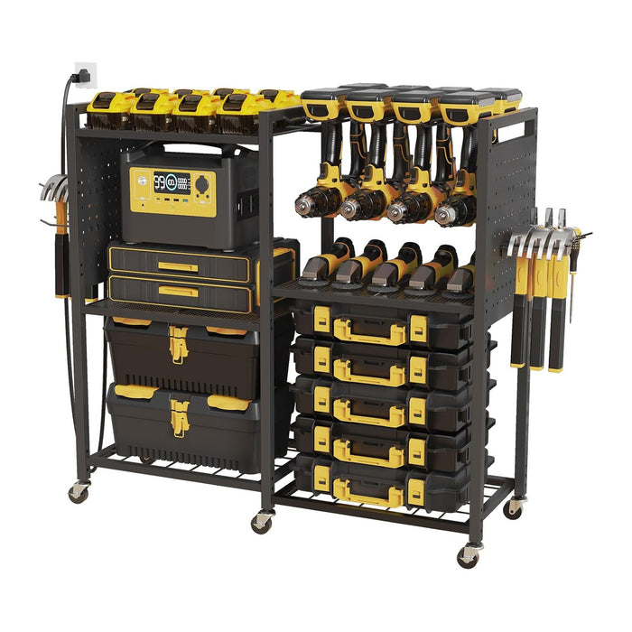 6-Tier Large Power Tool Organizer Cart with Charging Station, Heavy-Duty Garage Rolling Tool Cart with 6 Wheels, 8 Hooks & Adjustable Shelves, Holds 700LBS+
