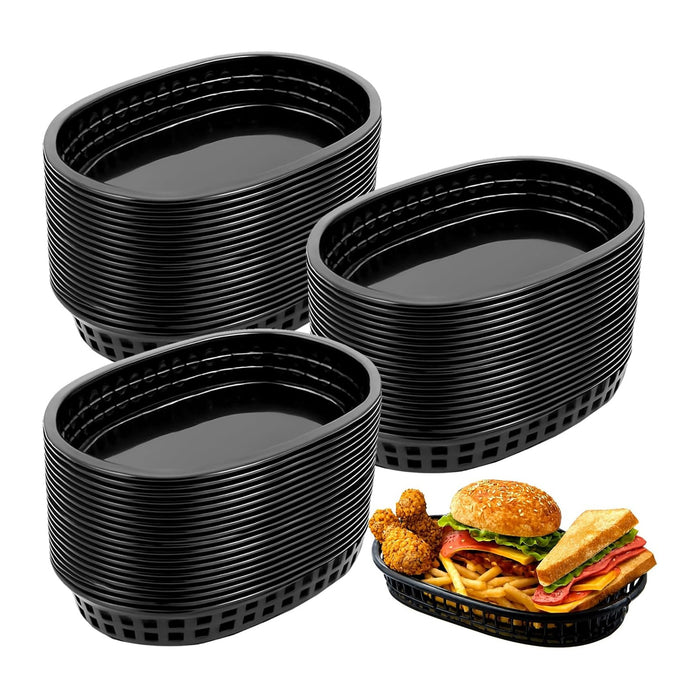 60 Pack Fast Food Baskets, 10.5 x 7 Inch Black Plastic Basket Restaurant Tray Fast Food Serving Baskets for Bread Deli Serving, Chicken, Burgers, Picnics, Parties