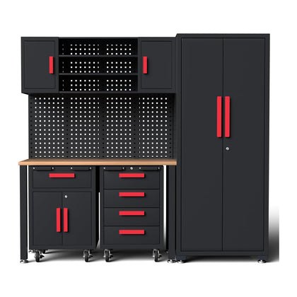 6Pcs Garage Cabinets Storage System with Rolling Chest,Red Handle