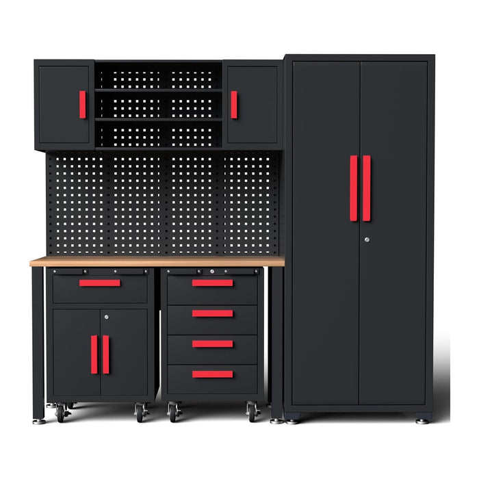 6Pcs Garage Cabinets Storage System with Rolling Chest,Red Handle