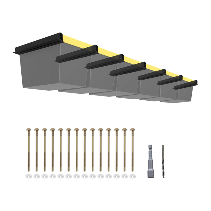 7 Pack Overhead Garage Storage Rack, Heavy Duty Ceiling Storage Rack for 6 Bins, Adjustable Metal Ceiling Bin Storage System T-Rail Tote Organizer with Hardware for Garage Workshop Shed