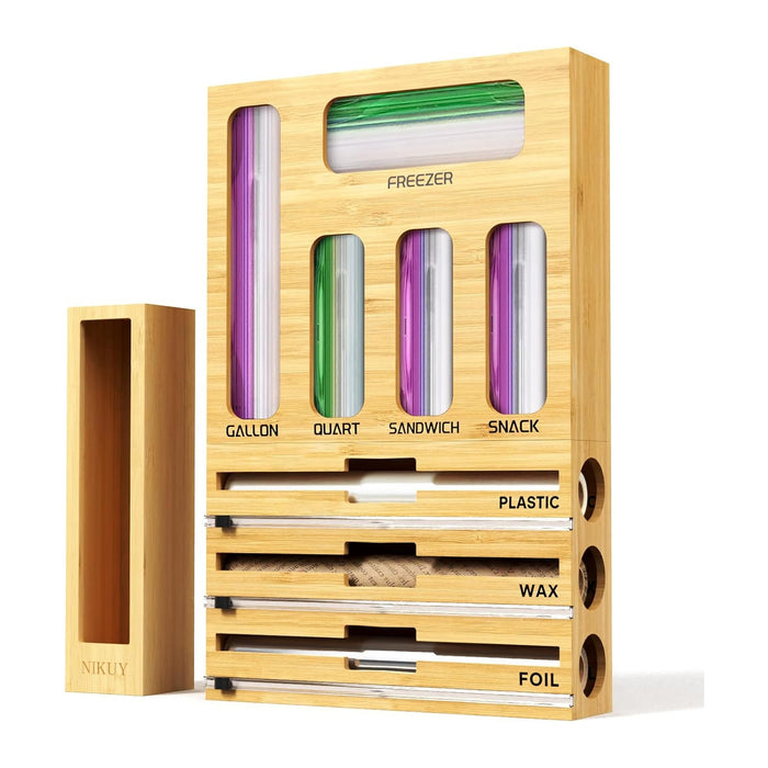 9 IN 1 Bamboo Foil and Plastic Wrap Organizer for Kitchen Drawer, Plastic Bag Organizer Organization and Storage, Food Storage Bag Organizer with Labels for Quart Gallon Snack Sandwich Bag