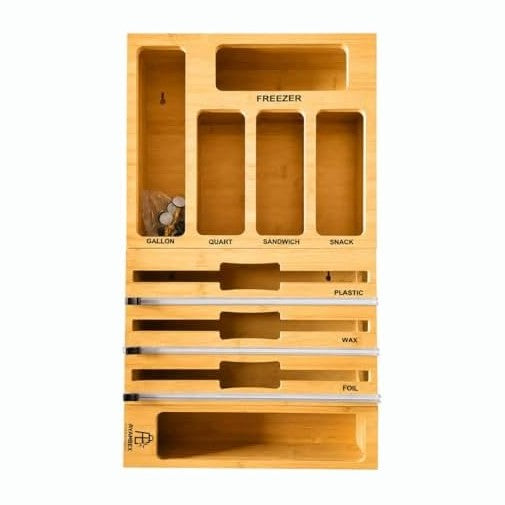 9-in-1 Bamboo Kitchen Drawer Organizer - Storage Bag Holder with Built-In Foil & Wrap Cutter Dispenser - Wooden Food Storage Bag Organizer for Gallon, Quart, Sandwich and Snack Sizes