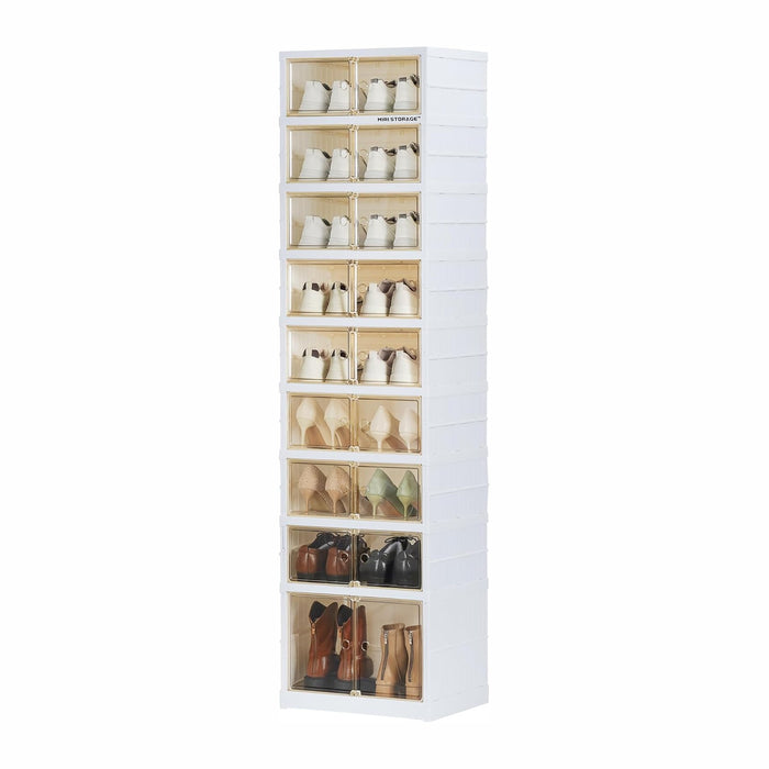 9-Tier 18 Pairs Foldable Shoe Rack,Plastic, Magnetic Doors, White
