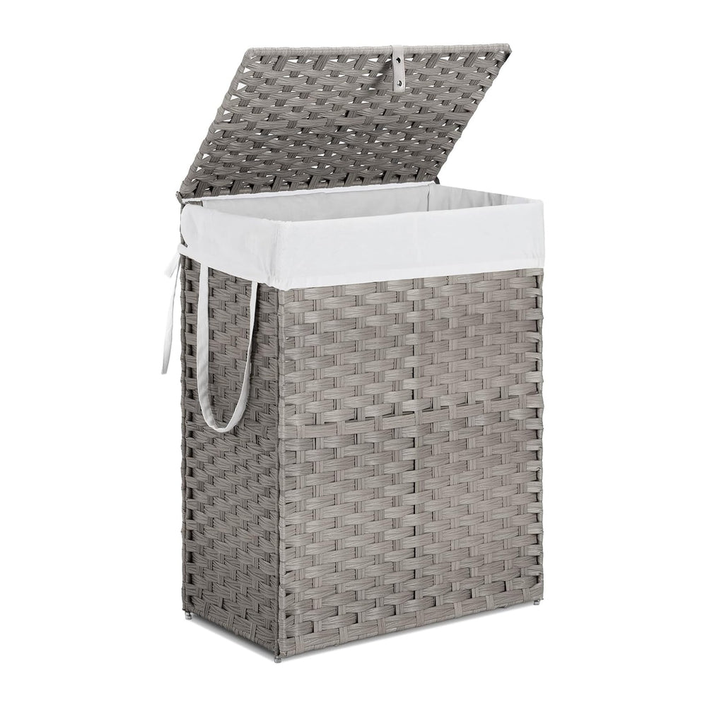 90L Laundry Hamper with Lid, Hand-Woven Pp Rattan Laundry Basket with Compart...