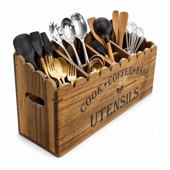 Acacia Wood Utensil Holder for Counter, 4-Compartment Organizer