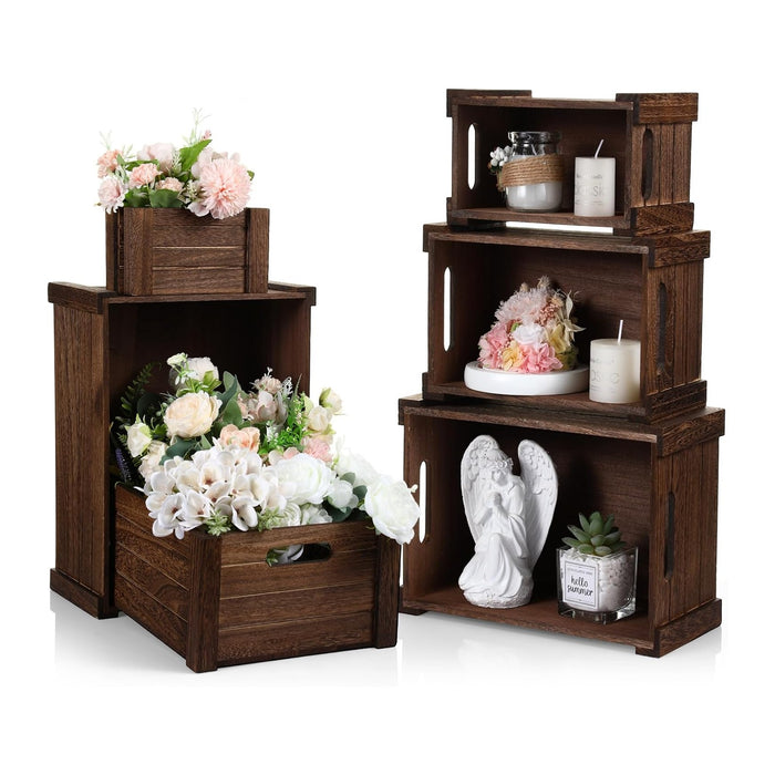 AceOrbit 6 Pcs Decorative Wood Crates with Handle for Display, Dark Brown
