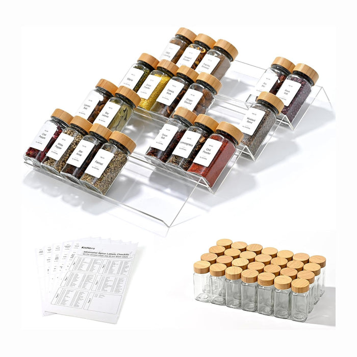 Acrylic Spice Drawer Organizer with 28 Spice Jars and 216 Labels,Non-slip Rubber, 4 Tier Spice Racks Tray Seasoning Containers for Kitchen Drawers,Cabinets,Countertops,13" Wide * 18" Deep