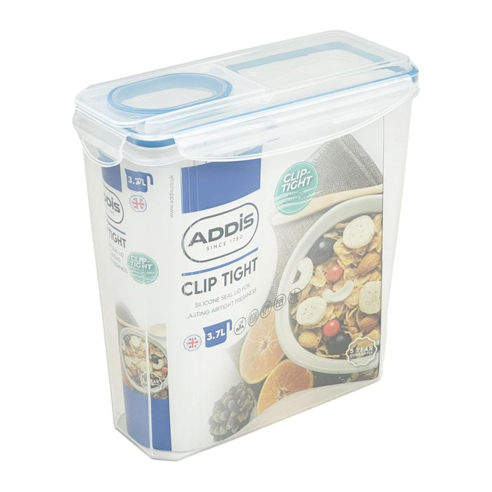 Addis Clip Tight Cereal Food Storage Container 3.7 Litre Tall Rectangle With Easy Pour Lid and Locking Clips, Airtight Bpa Free, Clear Transparent