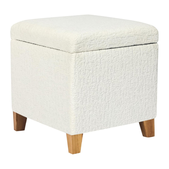 Adeco 18 Inch High Faux Fur White Cube Ottoman Storage, 3D Embossed Velvet Chair Foot Stools, Upholstered Vanity Stool with Hinged Lid, Solid Wood Legs